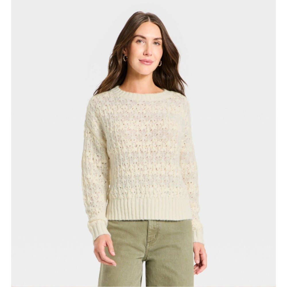 Women's Universal Thread Openwork Slub Crewneck Pullover Sweater Cream Striped M